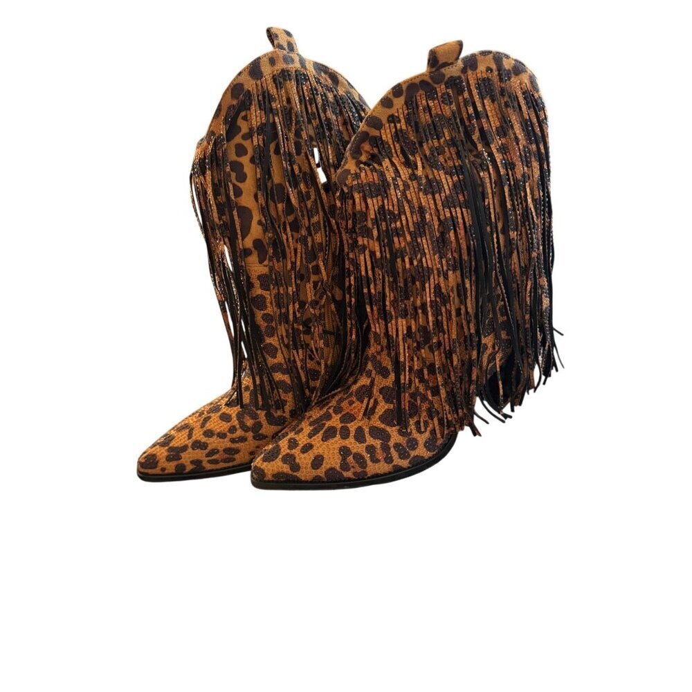 Ouepiano Womens Cowboy Boots Size 8.5 Leopard  Rhinestone Fringe Coachella New - Picture 14 of 16